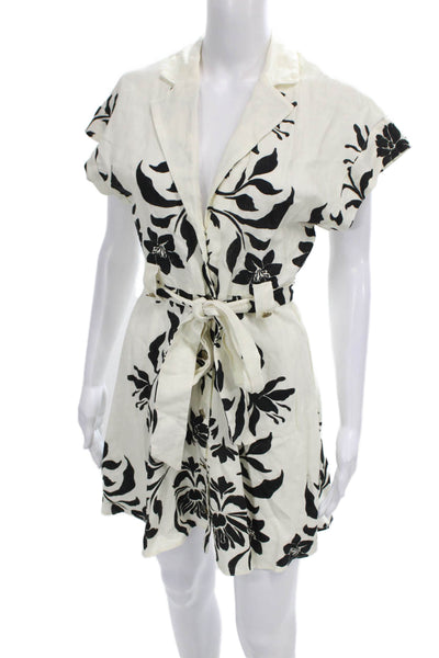 Zara Womens White Linen Floral Collared Playsuit Short Sleeve Tie Waist Size XS