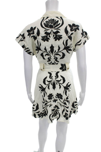 Zara Womens White Linen Floral Collared Playsuit Short Sleeve Tie Waist Size XS