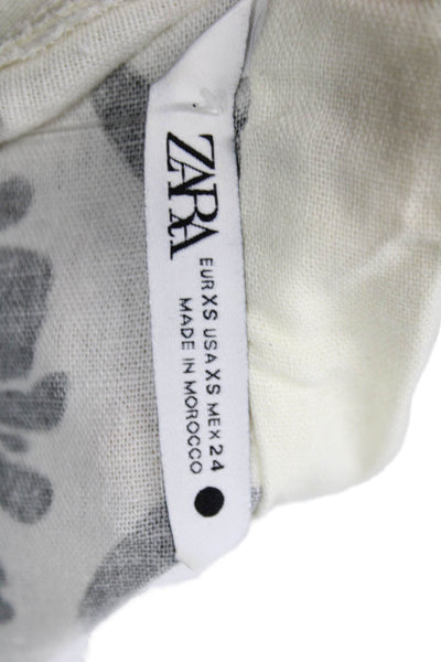 Zara Womens White Linen Floral Collared Playsuit Short Sleeve Tie Waist Size XS