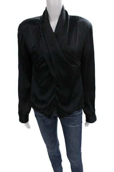 Giorgio Armani Women Black Silk High Neck Long Sleeve Blouse Button Size 12