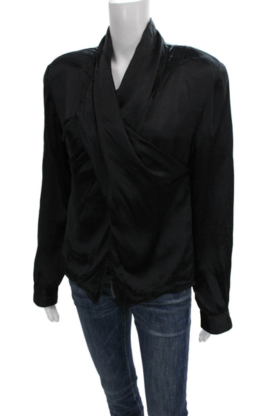 Giorgio Armani Women Black Silk High Neck Long Sleeve Blouse Button Size 12