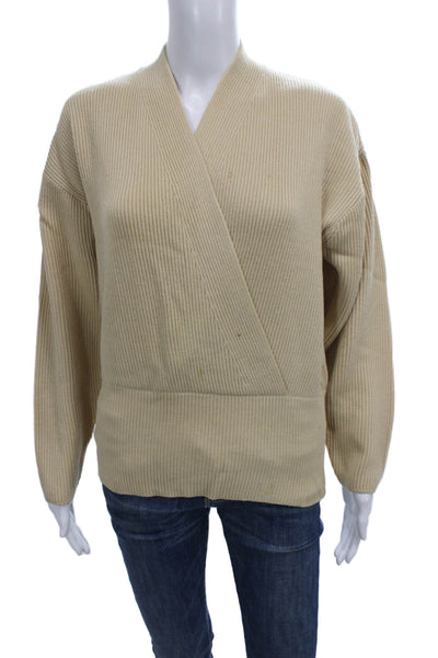 Escada Margaretha Ley Womens Wrap V-Neck Wool Sweater Beige Long Sleeve Size 38