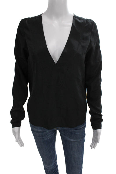Derek Lam 10 Crosby Women Silk V-Neck Long Sleeve Black Basic Blouse Size 0