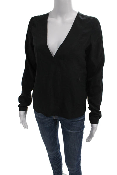 Derek Lam 10 Crosby Women Silk V-Neck Long Sleeve Black Basic Blouse Size 0