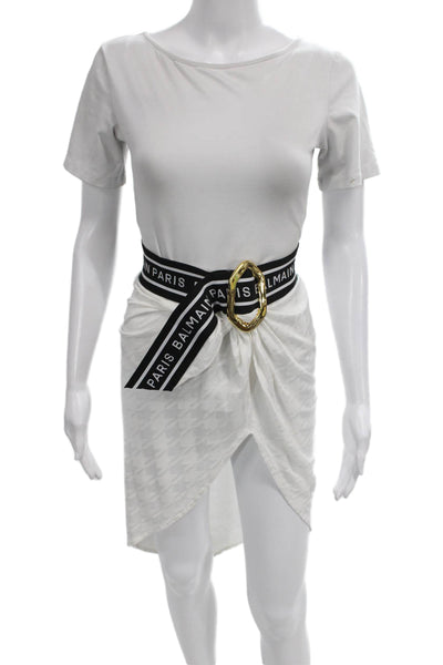 Balmain Womens Wrap Skirt White Houndstooth Viscose Buckle Knee Size XL
