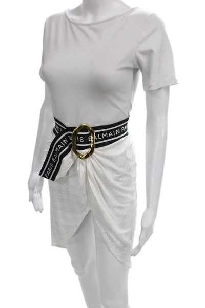 Balmain Womens Wrap Skirt White Houndstooth Viscose Buckle Knee Size XL