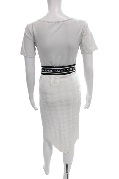 Balmain Womens Wrap Skirt White Houndstooth Viscose Buckle Knee Size XL