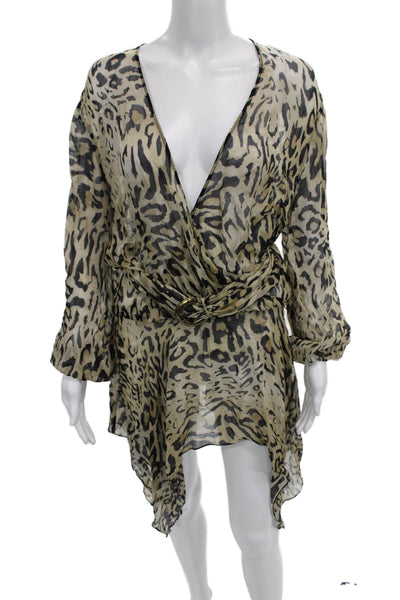 Zara Womens Wrap Dress Beige Animal Print Long Sleeve V-Neck Tie Size XS