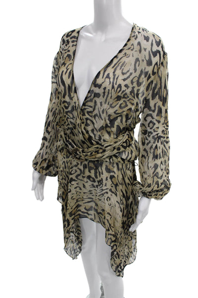 Zara Womens Wrap Dress Beige Animal Print Long Sleeve V-Neck Tie Size XS