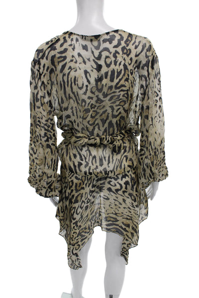 Zara Womens Wrap Dress Beige Animal Print Long Sleeve V-Neck Tie Size XS