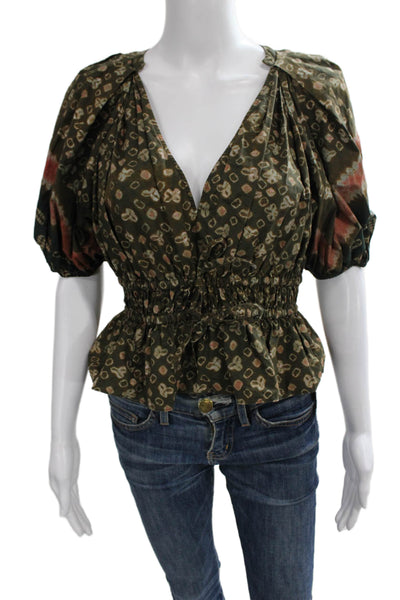 Ulla Johnson Womens Peplum Floral Cotton V Neck Short Sleeve Blouse Size 8