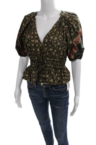 Ulla Johnson Womens Peplum Floral Cotton V Neck Short Sleeve Blouse Size 8