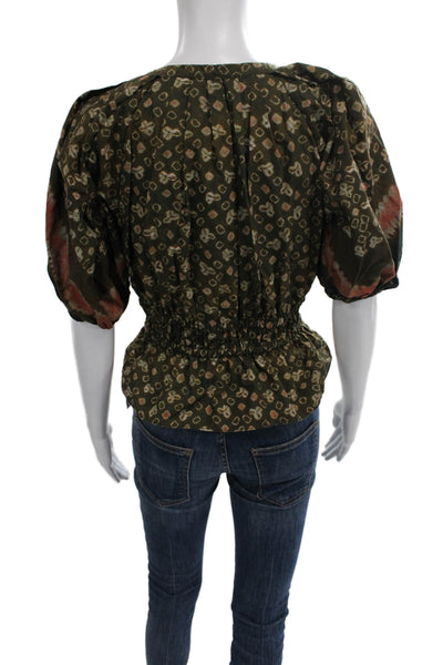 Ulla Johnson Womens Peplum Floral Cotton V Neck Short Sleeve Blouse Size 8