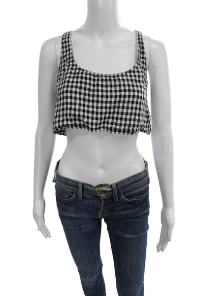 Reformation Women Cropped Tank Black Linen Check Scoop Neck Sleeveless Size 4