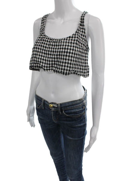 Reformation Women Cropped Tank Black Linen Check Scoop Neck Sleeveless Size 4