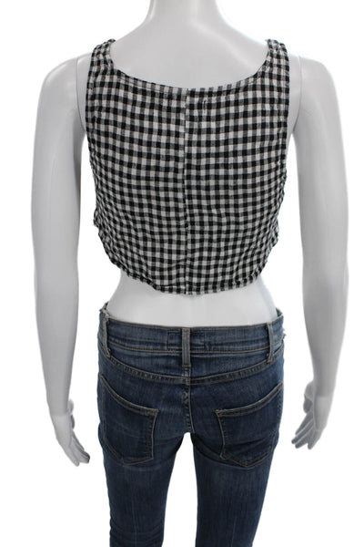 Reformation Women Cropped Tank Black Linen Check Scoop Neck Sleeveless Size 4
