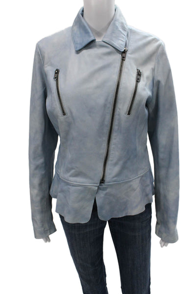 My Tribe Womens Leather Biker Jacket Blue Zip Size L