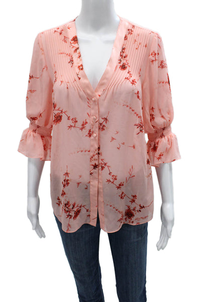 Cinq A Sept Women Tunic Pink Floral V-Neck Button 3/4 Sleeve Size XS