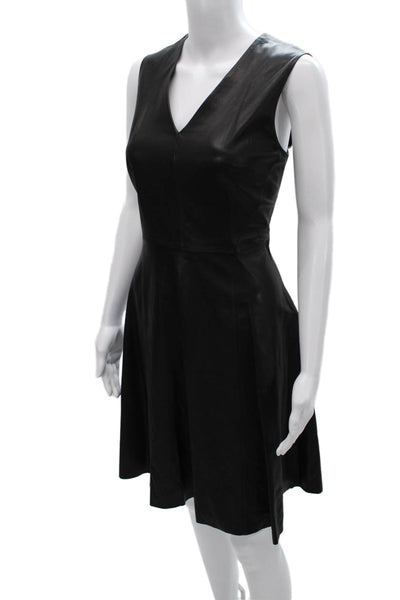 Saks Fifth Avenue Women Fit & Flare Leather Knee Length Black Dress Size 10