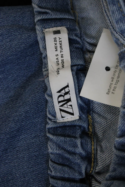 Zara Women Wide-Leg Jeans Blue Cotton High Rise Drawstring Size S