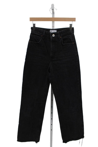Zara Women Straight Black High Rise Jeans Cotton Button Size 4