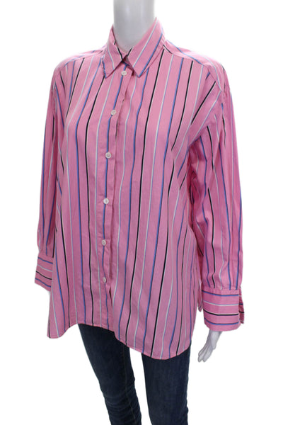 Zara Womens Pink Striped Cotton Collared Button Up Long Sleeve Top Size S