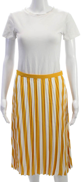 Karl Lagerfeld Womens Pleated Striped Midi Skirt Yellow Polyester Zip Size 4