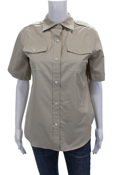 Ann Mashburn Women Beige Cotton Collared Button Up Short Sleeve Top Size XS