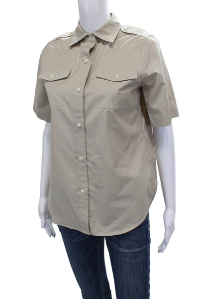 Ann Mashburn Women Beige Cotton Collared Button Up Short Sleeve Top Size XS