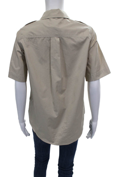 Ann Mashburn Women Beige Cotton Collared Button Up Short Sleeve Top Size XS
