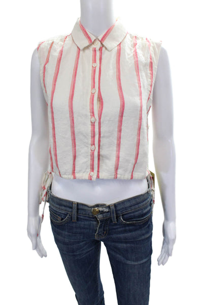 Birds of Paradis Womens Cropped Linen Striped Button-Up Top White Size XS