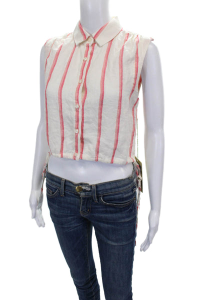 Birds of Paradis Womens Cropped Linen Striped Button-Up Top White Size XS