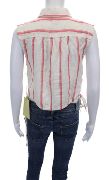 Birds of Paradis Womens Cropped Linen Striped Button-Up Top White Size XS
