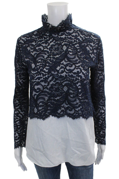 Sandro Women Blue Floral Tunic Blouse High Neck Long Sleeve Size 1