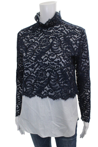 Sandro Women Blue Floral Tunic Blouse High Neck Long Sleeve Size 1