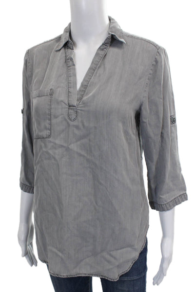 Korye Womens Tunic Blouse Gray Tencel Collared 3/4 Sleeve Size S