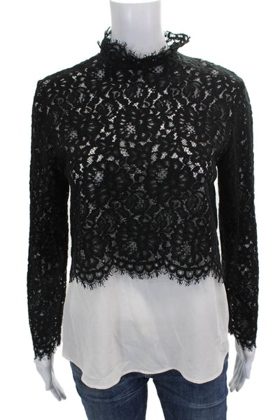 Sandro Women Cropped Blouse Black Floral High Neck Long Sleeve Size 1
