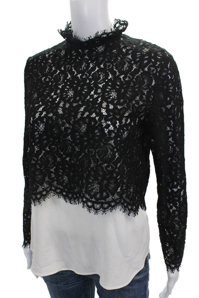 Sandro Women Cropped Blouse Black Floral High Neck Long Sleeve Size 1