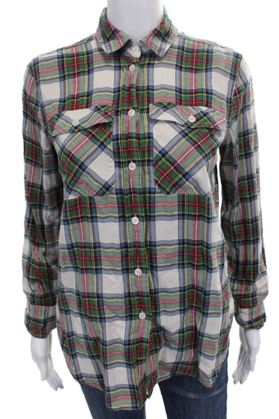 J Crew Women Basic Plaid Cotton Collared 3/4 Sleeve Button-Up Blouse Size 00
