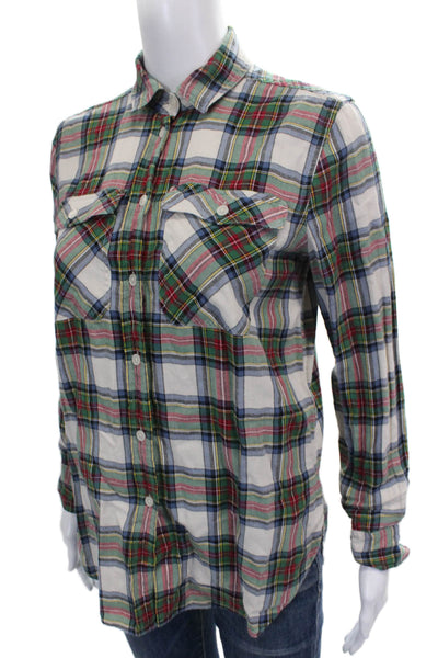 J Crew Women Basic Plaid Cotton Collared 3/4 Sleeve Button-Up Blouse Size 00