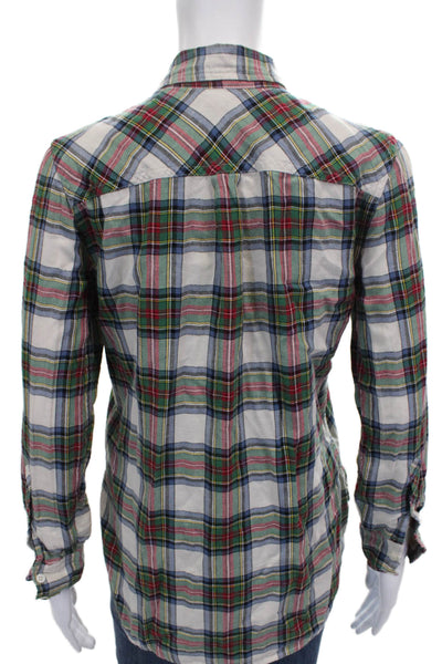 J Crew Women Basic Plaid Cotton Collared 3/4 Sleeve Button-Up Blouse Size 00
