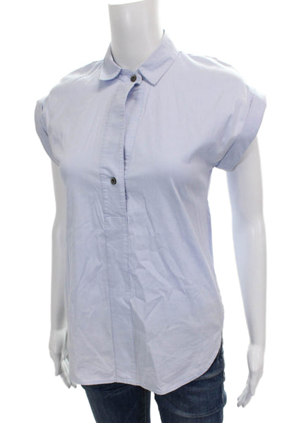 J Crew Women Basic Collared Short Sleeve Button Up Blue 97% Cotton Size 00