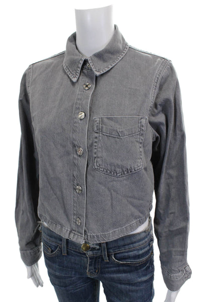 Zara Womens Basic Jacket Gray Cotton Collared Button Long Sleeve Size S