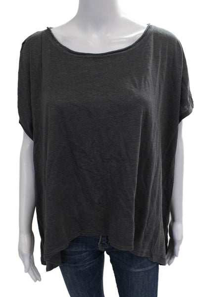 Eileen Fisher Womens Gray Linen Scoop Neck Short Sleeve Basic Blouse Size S