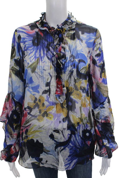 Elie Tahari Women Tunic Multicolor Silk Floral Long Sleeve Collared Size S