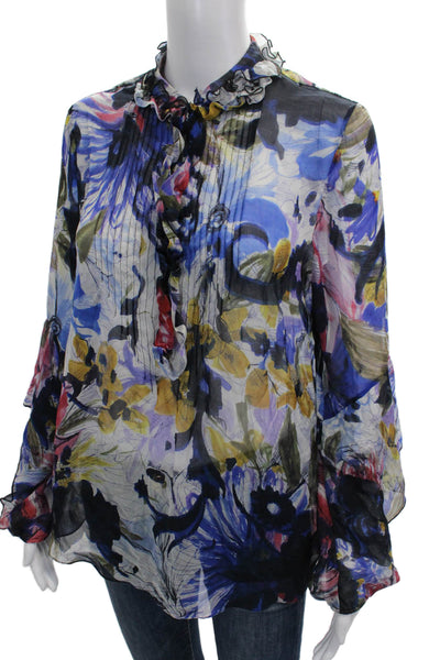 Elie Tahari Women Tunic Multicolor Silk Floral Long Sleeve Collared Size S