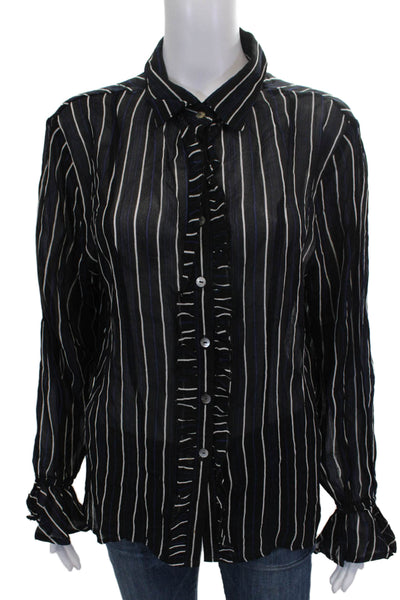 Cleobella Women Striped Black Rayon Collared Button Long Sleeve Blouse Size M