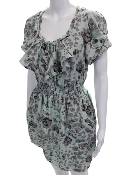 Rebecca Taylor Women Silk Blouson Floral Dress Short Sleeve Green Size 6
