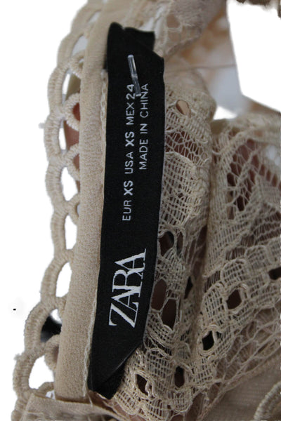 Zara Women Lace Floral High Neck Sleeveless Blouse Beige Zip Size XS