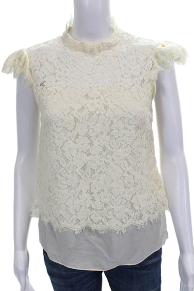 Rachel Zoe Women Blouse Ivory Rayon High Neck Floral Short Sleeve Size 0